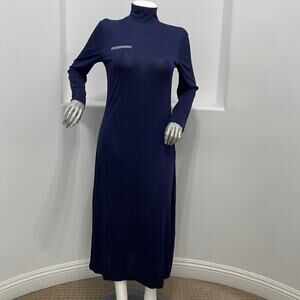 PANGAIA Navy BlueText-Print High Neck Long Sleeve Woven Maxi Dress Size L NWT